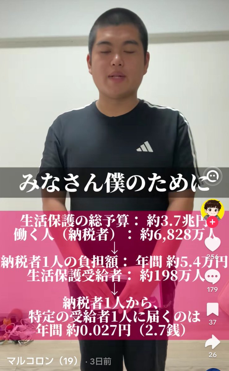 tagame's tweet photo. ちくしょー。

「ぼくのために納税してくれてありがとう」とか煽り動画を上げてくるやつのためになんか、1円も税金使われたくないんや。

生活保護の総予算が何兆円でも、国民1人当たりの負担は少ないとか、
そういうことじゃないんや。

19歳で生活保護に味をしめたら、
こいつ一生働かねーぞ。 https://t.co/M53pnVRP7Z