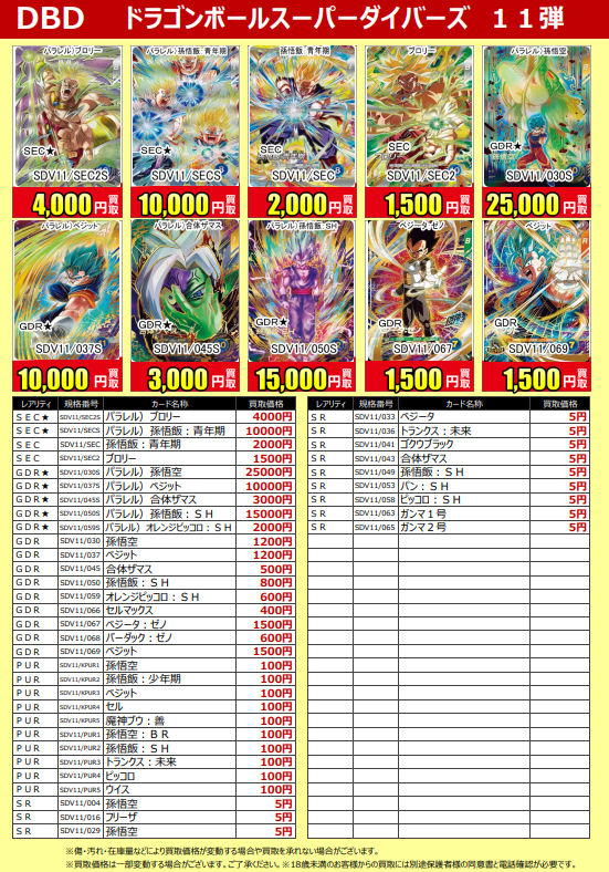 furu1_nagaoka's tweet photo. ☆新作トレカ買取情報☆ 
最新弾 
#DBD
『#ドラゴンボールスーパーダイバーズ １１弾』 
買取価格が更新されました。 
カード1枚から査定いたします。 
※買取価格は変動する場合がございます。 
皆様のご来店お待ちしております。 
#ふるいち #長岡古正寺店 https://t.co/vhzyULA9dn
