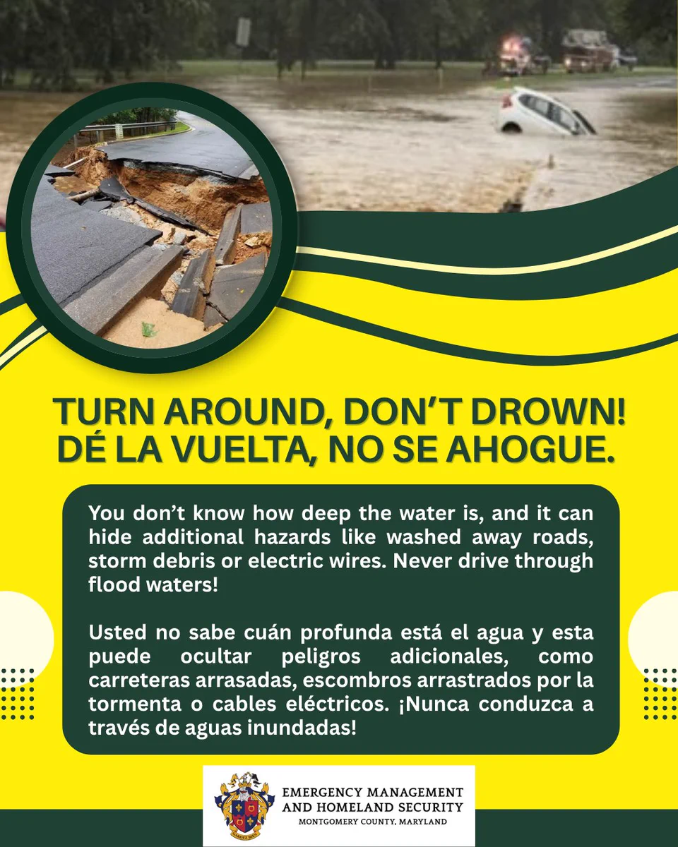 Flooded road with a partially submerged car and a close-up of a collapsed road, warning to avoid driving through floodwaters due to hidden dangers.