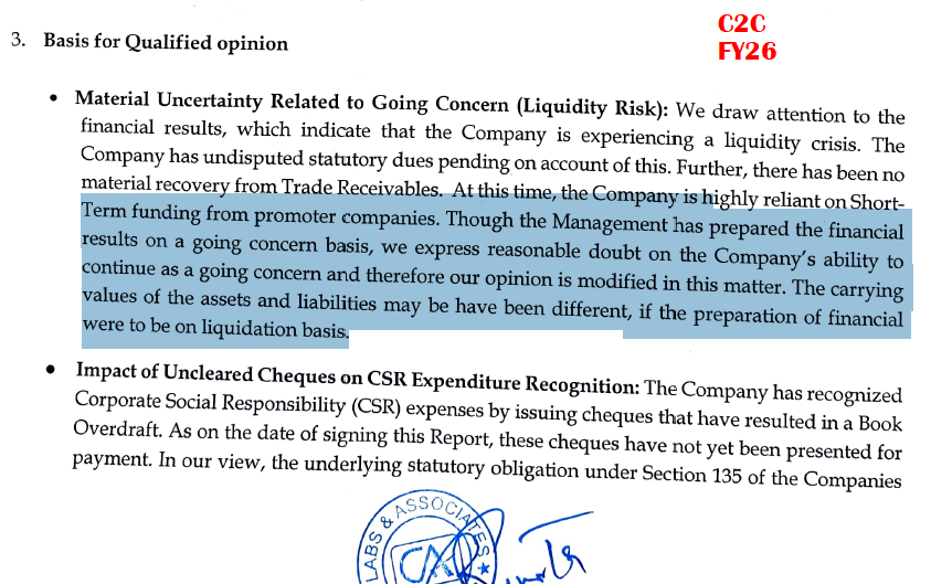 RajStockWatch's tweet photo. 🚨C2C FY26 RESULTS. Take the matter with ALL SERIOUSNESS. Auditor expression of doubt that the company may not be able to continue as "a going concern", is extremely negative.🔴 Qualified Opinion has 5 bullet points. May land into serious trouble with authorities.
There is something terribly wrong. In Oct 25, there was Pref issue at Rs.581. Around Rs.21Cr was raised (19Cr as equity plus 25% on warrants). Most probably money is simply being "taken out".
No numbers can be trusted including sales, expenses, CWIP which remains static at 26Cr over 2 years.
Last 2 year combined revenue is said to be Rs.260Cr. AND this year Receivable is Rs.240Cr. 🔴 And NO PAYABLES!
Feels "People" who need to be paid without any work are being paid (fake billing?) Everything else may be just hot gas.
Has reported 5.3Cr loss in H2Fy26. Annual PAT crashes possibly from one fake number to another. Rs.29Cr to Rs.18Cr. Most probably there is and there has been, nothing, except on paper.
What about the preferential allottees? (Promoters did not subscribe, even for warrants)
