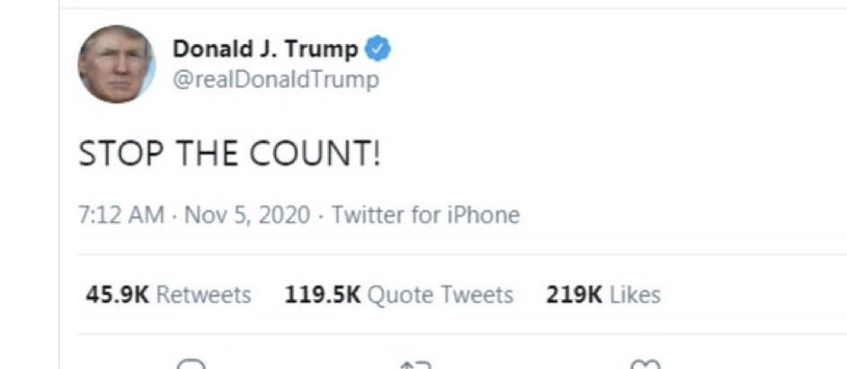 riverkat2014's tweet photo. @AzPetrich I have this little gem from the moment he knew he was losing.  He said stop the count. Not stop the steal. He knew then, and he knows now. https://t.co/oO17mhEFH1