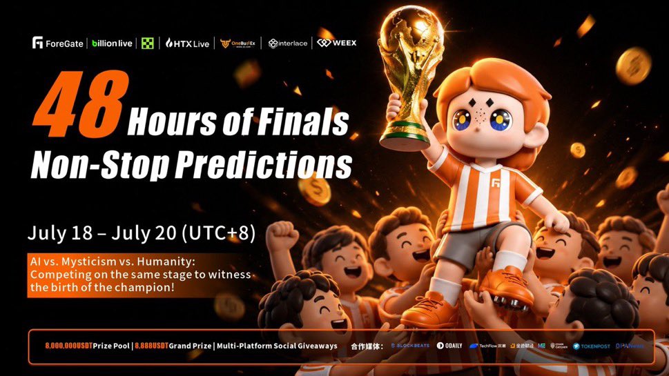 Dafakwu's tweet photo. The World Cup Final enters its final 48 hours

@Fore_Gate is going live for 48 hours non-stop, bringing you all the action from football’s biggest stage

💰 8,000,000 USDT prize pool
🎁 8,888 USDT Lucky Giveaway
⏰ July 18–20 (UTC+8)

Link
https://t.co/RTxJXoiZjD https://t.co/F0FpjasO5D