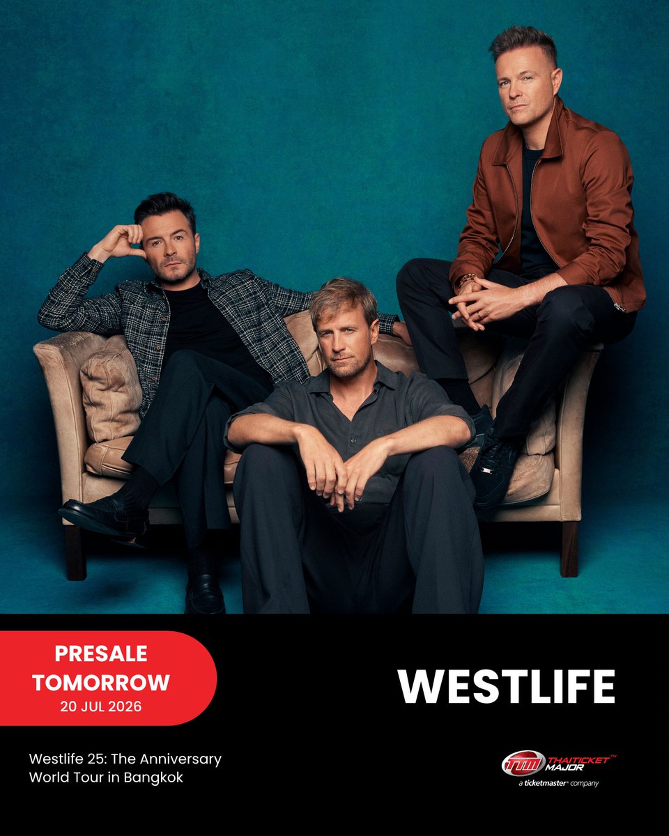ThaiTicketMajor's tweet photo. CONCERT : Westlife เริ่มขายบัตรพรีเซลพรุ่งนี้ 20 ก.ค. แฟนชาวไทยอย่าพลาดไปฉลองครบรอบ 25 ปีในทัวร์ครั้งนี้ ซื้อบัตรที่ https://t.co/9I5CntClVB ✨🫶🏻

Westlife 25: The Anniversary World Tour in Bangkok

📆วันที่แสดง : วันจันทร์ที่ 25 มกราคม 2570 
📍สถานที่แสดง : Impact Arena, Muang Thong Thani
⏰เวลาแสดง : 20.00 น.
💰ราคาบัตร 
โซน LEVEL 1 : ราคาบัตรระหว่าง 4,800 - 8,300 บาท 
โซน LEVEL 3 : ราคาบัตรระหว่าง 4,800 - 5,300 บาท
โซน LEVEL 4 : ราคาบัตรระหว่าง 2,800 - 4,800 บาท 
🗓️วันเปิดจำหน่ายบัตร 
Mastercard Presale : วันจันทร์ที่ 20 กรกฎาคม 2569 เวลา 10.00 – 22.00 น. 
Live Nation Tero Presale : วันอังคารที่ 21 กรกฎาคม 2569 เวลา 10.00 – 22.00 น. 
Public sale : วันพุธที่ 22 กรกฎาคม 2569 เวลา 10.00 น. เป็นต้นไป 
🎫รายละเอียดจำหน่ายบัตร : https://t.co/3Bgsh3Cu70
☎️TTM Call Center 02-262-3456

#WESTLIFE #WESTLIFE25THEANNIVERSARYTOUR #WESTLIFE25THEANNIVERSARYBKK #LiveNationTero #TicketMasterTH #Thaiticketmajor