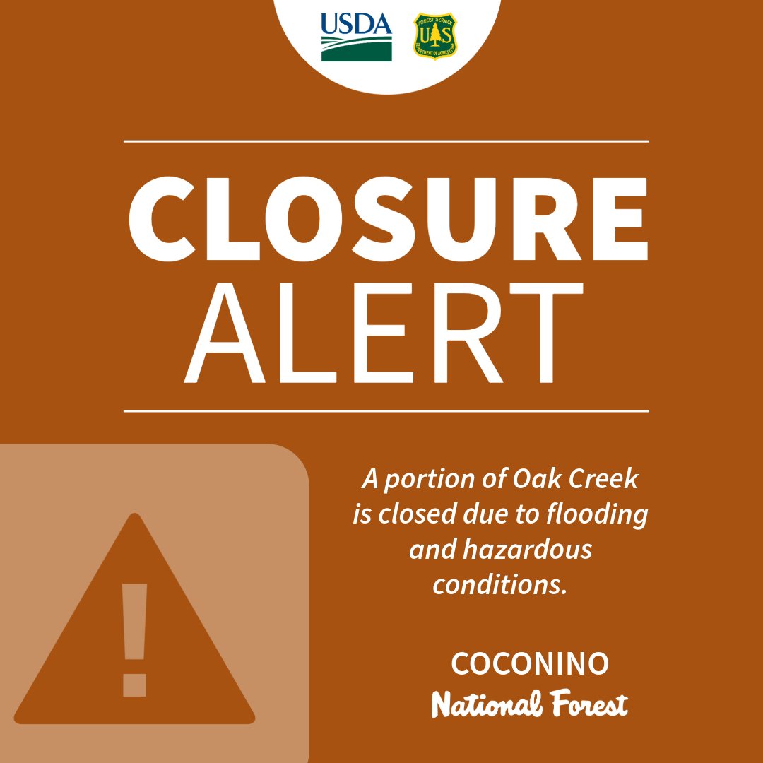 CoconinoNF's tweet photo. A portion of Oak Creek is temporarily closed due to potential flooding impacts. 

More information: https://t.co/2IkxP2sIUU

Map and affected sites: https://t.co/xmkZK5qHEf https://t.co/u7aEaV9xRR
