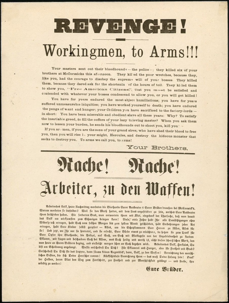 DKZeitung's tweet photo. After a bomb killed police at a rally for 8-hour workdays, 8 men (mostly Germans) were arrested on flimsy evidence. 4 hanged, 1 suicided. Scapegoated by corporations! The fight was championed not only by Rail workers but also German trades like beer and tobacco manufacturing. https://t.co/VU0DusaUni