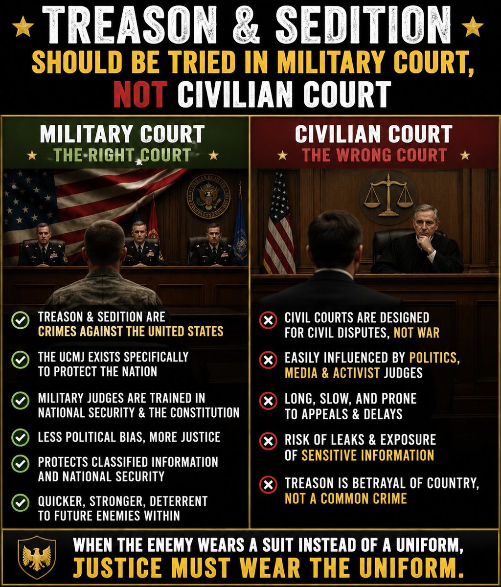 SMJAltJD1's tweet photo. @SDSLLC_USA @POTUS has to be done through military tribunals, so process and sentence will STICK https://t.co/ojTF0Bauzo