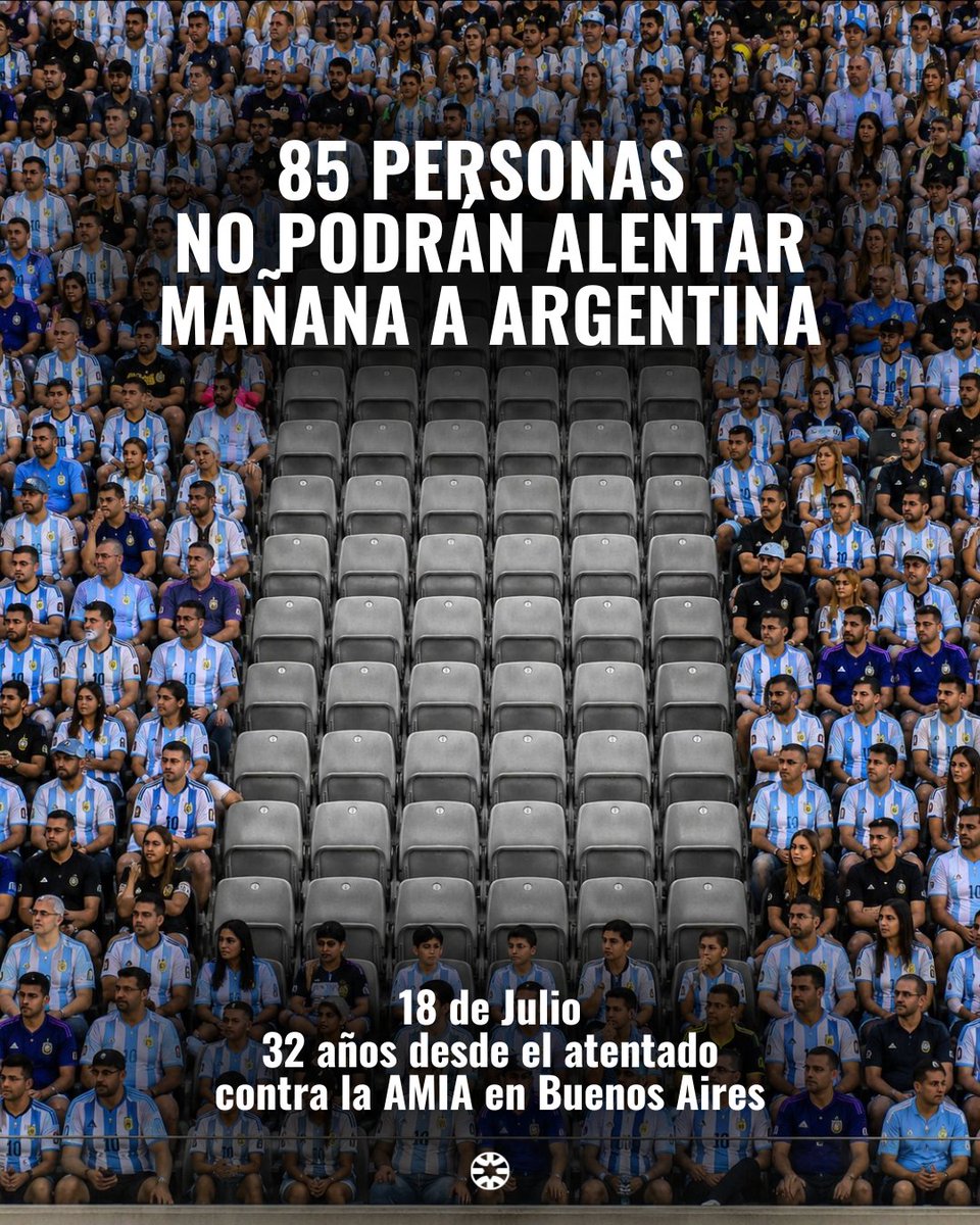 IsraelinSpanish's tweet photo. 85 asientos vacíos.  

Este domingo, millones de fanáticos se reunirán para alentar a sus selecciones nacionales en la Final del Mundial. 

Pero hay voces que no podrán escucharse.
85 personas fueron asesinadas hace exactamente 32 años en el atentado terrorista contra la AMIA en Buenos Aires. 
Un ataque orquestado por el régimen iraní y ejecutado por Hezbolá.  

Detrás de cada ataque terrorista hay vidas robadas y futuros truncados. 

Comprometidos con la memoria. 
Comprometidos con la lucha contra el terrorismo.
Siempre.