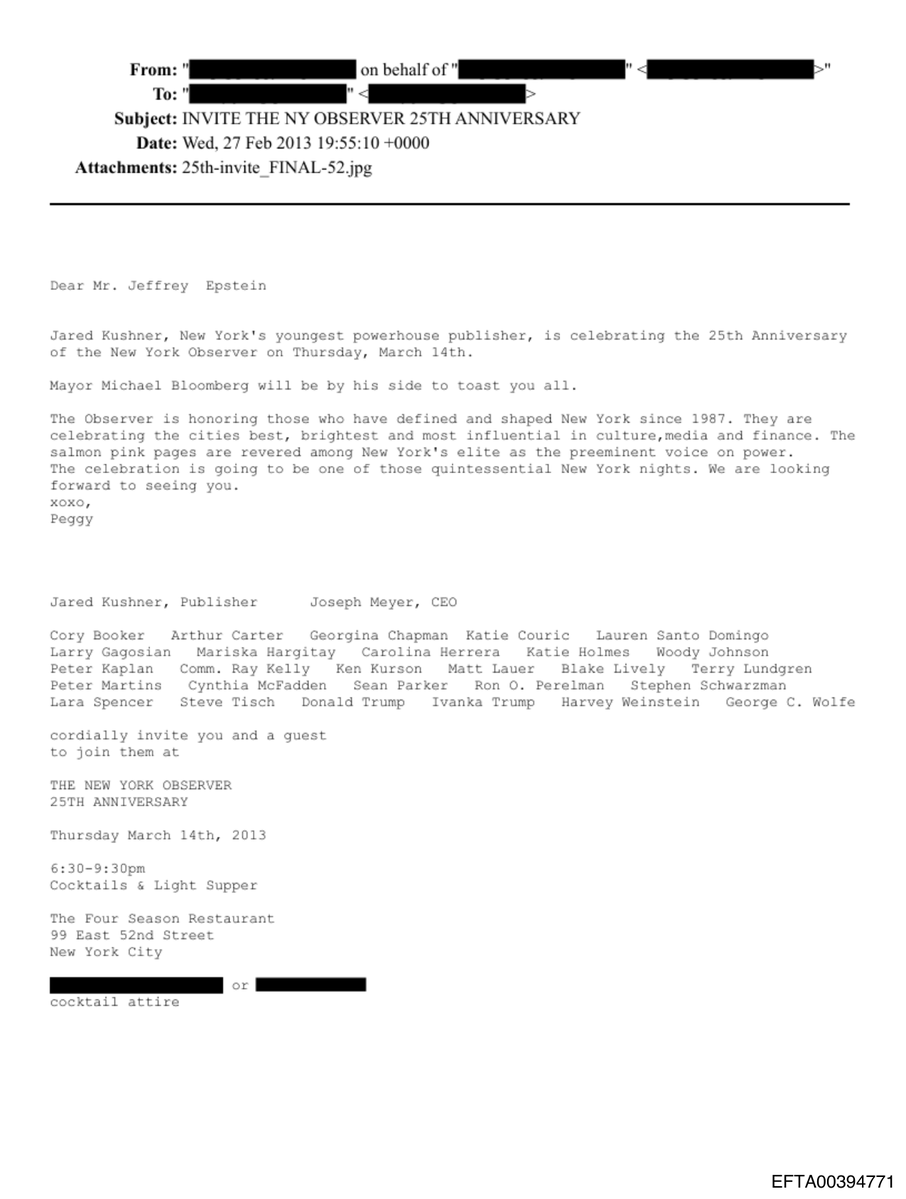 epsteinsearchin's tweet photo. Donald Trump, Ivanka Trump, and Harvey Weinstein sat on the committee that invited Jeffrey Epstein to a 2013 black-tie gala. It was Jared Kushner's New York Observer, honoring New York's best, brightest and most influential. The invite went to Epstein by name. https://t.co/aAvsbNgt4o
