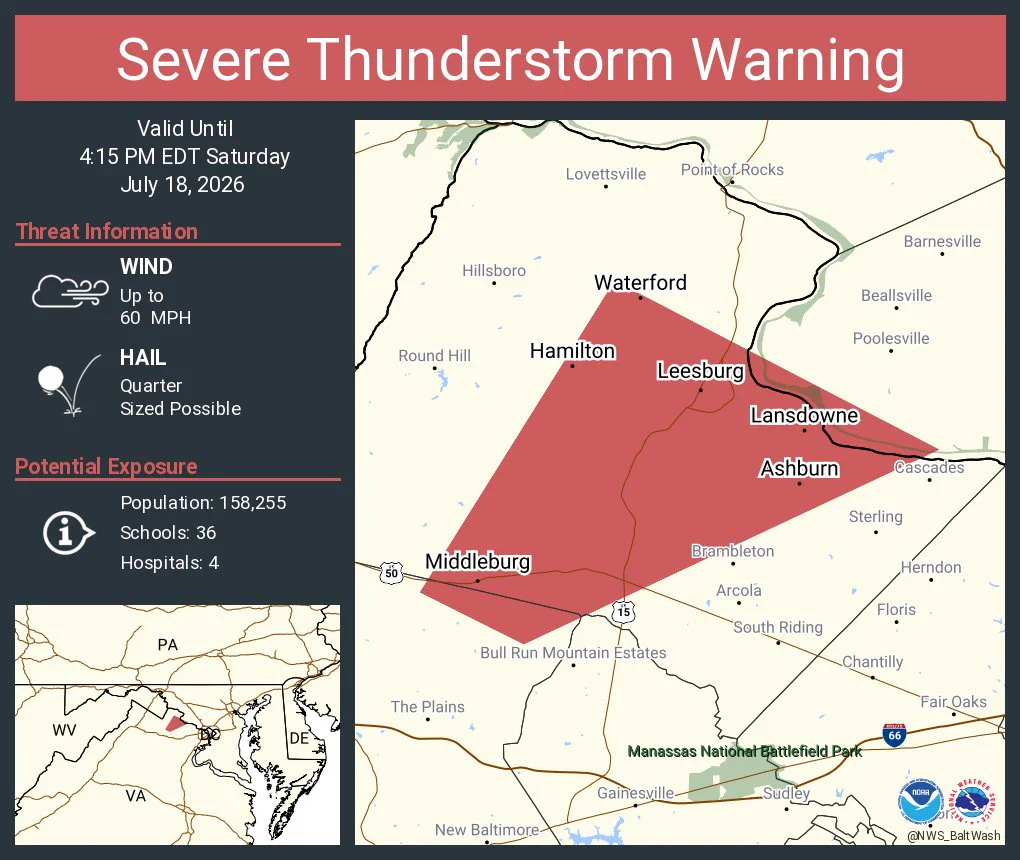 This graphic displays a severe thunderstorm warning plotted on a map. The warning is in effect until 4:15 PM EDT. The warning includes Ashburn VA, Leesburg VA and Broadlands VA.  This warning is for West central Montgomery County in central Maryland, Central Loudoun County in northern Virginia, North central Fauquier County in northern Virginia and Northwestern Prince William County in northern Virginia. The threats associated with this warning are wind gusts up to 60 MPH and quarter sized hail. There are 158,255 people in the warning along with 36 schools and 4 hospitals.