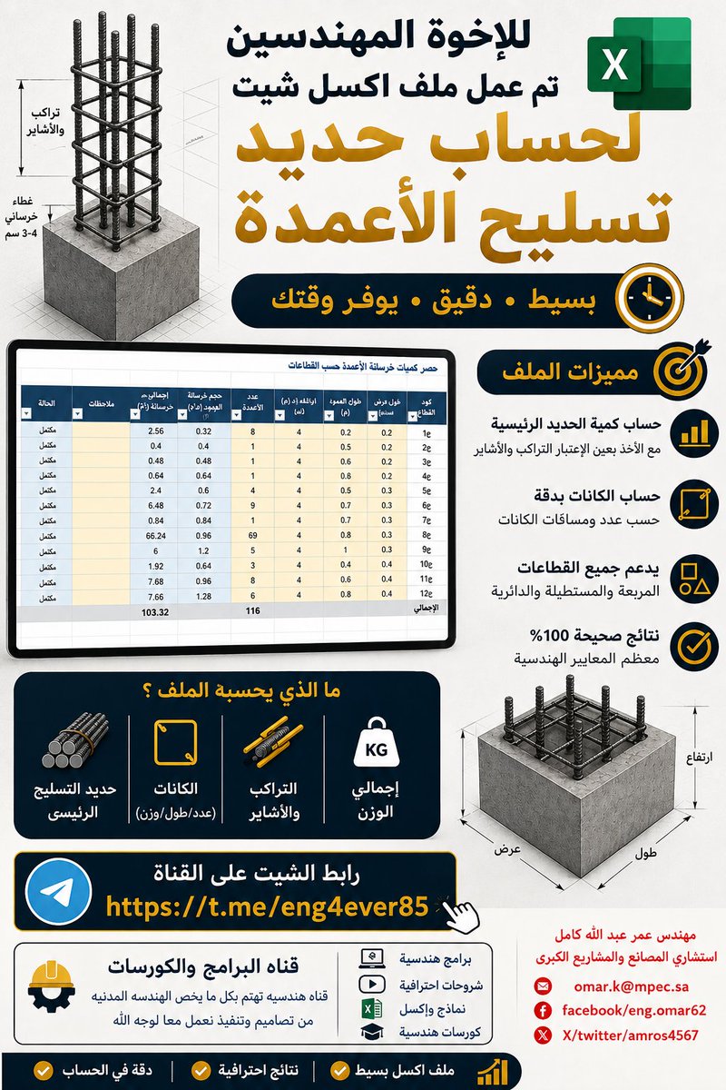amros4567's tweet photo. تم بحمد الله تجهيز ملف Excel مبسط وعملي لحساب كميات حديد تسليح الأعمدة.

الملف يحسب: • الحديد الرئيسي. • الكانات. • التراكب والأشاير. • الأوزان والكميات بدقة بعد إدخال أبعاد القطاع وتفاصيل التسليح.

الهدف هو اختصار الوقت وتقليل الأخطاء في الحصر الهندسي.

رابط تحميل الشيت: في التعليقات  

قناة البرامج والكورسات الهندسية، نهتم بكل ما يخص الهندسة المدنية من التصميم والتنفيذ، ونسأل الله أن ينفع بها الجميع. نعمل معًا لوجه الله.