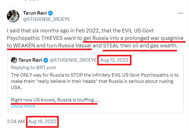 3RDEYE_ESP's tweet photo. At the outset of the American Yehudis war against Russia in Ukraine, I said that the Russian SMO was the second best option, and once again, I was proven prescient.

The EVIL goras and yehudis plan was to get Russia into a "prolonged war to bleed them" and Russia fell in their trap.

The first best option for Russia was to attack a "very small NATO entity" and challenge the death fearing cross dressing confused gender gora and yehudi cowards and FORCE them to RUN AWAY from Ukraine like the sissies they are.

@AGDugin @mfa_russia @KremlinRussia_E @MedvedevRussiaE 

@palkisu @gauravcsawant @RShivshankar @PadmajaJoshi Here is ANOTHER PROOF that I am the ONLY ENTITY on this planet who can READ the EVIL american govt deep state goras and yehudis and THEY KNOW IT TOO.

@ShashiTharoor @narendramodi @DrSJaishankar @PiyushGoyalOffc @PiyushGoyal @KanganaTeam