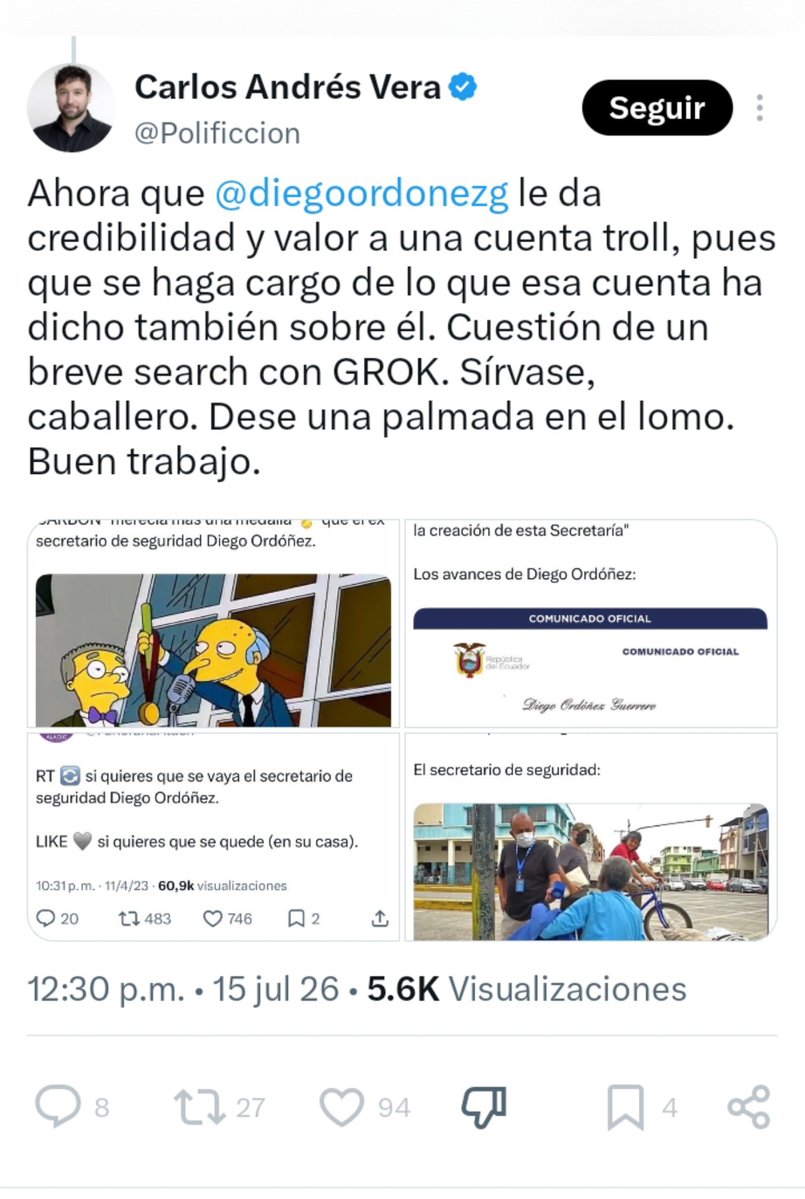 FunerariaAlach's tweet photo. Estimado @Polificcion, además de ser el #HijoBobo del perro de @CarlosVerareal también eres un vil cobarde. Me bloqueaste y no tienes los pantalones para etiquetarme, pero qué se puede esperar de alguien como tú que fue perro de Lenín, luego de Lasso y ahora eres perro de Noboa.

Carlitos, no tienes otra defensa que llamarme cuenta trol, pero te estas describiendo a ti mismo. Tú trabajaste manejando el trol center de Lenín Moreno y con eso te compraste un departamento. Luego cuando llegó al poder quién te mantenía, o sea Guillermo Lasso, seguías de perro durante su gobierno apoyando su nefasto mandato y operando su trol center a cambio de un sueldo mensual. No conforme con eso, aún sigues cobrando dinero de Lasso para, junto a Javier Montenegro, lavarle la cara al gobierno de Guillermo Lasso y al delincuente de Danilo Carrera por el Caso Gran Padrino.

En la actualidad, te mantiene el Gobienno de Noboa, porque trabajas con muchas cuentas troles, enviándoles información para que todos repliquen el mismo guion. No conforme con eso, defiendes a la impresentable Inés Manzano, quien continuó pagando a los delincuentes de Progen a pesar de las evidentes irregularidades, eres tan mediocre que ponías como presidenciable a una cómplice de delincuentes que hizo que el Ecuador pierda millones de dólares, mientras los ecuatorianos sufrimos el quiebre de nuestros negocios debido a la negligencia de Manzano al dejarnos sin energía.

Me hubieras etiqueddo pero eres un cobarde asalariado, eres el fiel reflejo de tu padre Carlos Vera: alguien que recibe dinero del gobierno para limpiar su imagen y que mantiene custodia policial exclusiva las 24 horas por actuar como portavoz y ser el perrito faldero del régimen. Es vergonzoso que tú papá mantenga resguardo de 3 policías cuando no tiene ninguna alerta de un posible atentado, mientras que a una dama como lo era Monika Silva, por el solo hecho de denunciar la corrupción de este Gobierno, le negaron la seguridad y la terminaron asesinando.

Yo critiqué con firmeza a Diego Ordóñez, en varias ocasiones, por ser uno de los peores funcionarios del país, y esa es la gran diferencia entre tú y yo. Mientras yo denuncio la ineficiencia, tú actúas como cómplice al justificar y encubrir a Inés Manzano, quien siguió pagando a Progen a pesar de saber que había incumplido el contrato. Lo que tú haces es avalar la corrupción.