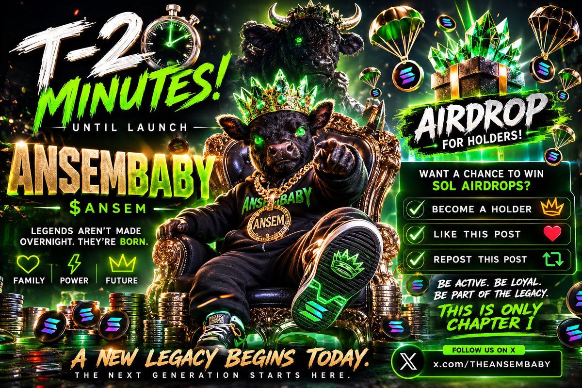 THEANSEMBABY's tweet photo. 🚨 T-20 MINUTES 🚨

ANSEMBABY is about to launch. 👑💚

Legends aren't made overnight. They're born.

🎁 Want a chance to receive a surprise SOL airdrop?

✅ Become a holder
❤️ Like this post
🔄 Repost this post

Follow: https://t.co/XVkrS7FSXr

$ANSEM #Solana #Memecoin #PumpFun https://t.co/yLqFm74XOK