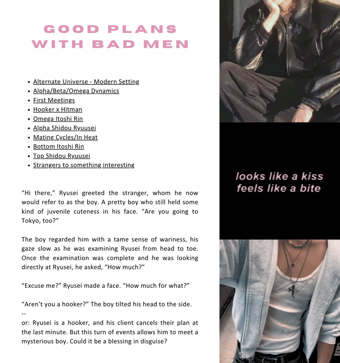 itoshiprincess's tweet photo. Good plans with bad men
★ #sdrn #ryurin | explicit | +9k
☆ a/b/o, hooker x hitman au
★ omega rin, alpha ryusei

Ryusei is a hooker. His client cancels their plan at the last minute. This turn of events allows him to meet a mysterious boy. Could it be a blessing in disguise? https://t.co/En90b1l7y4
