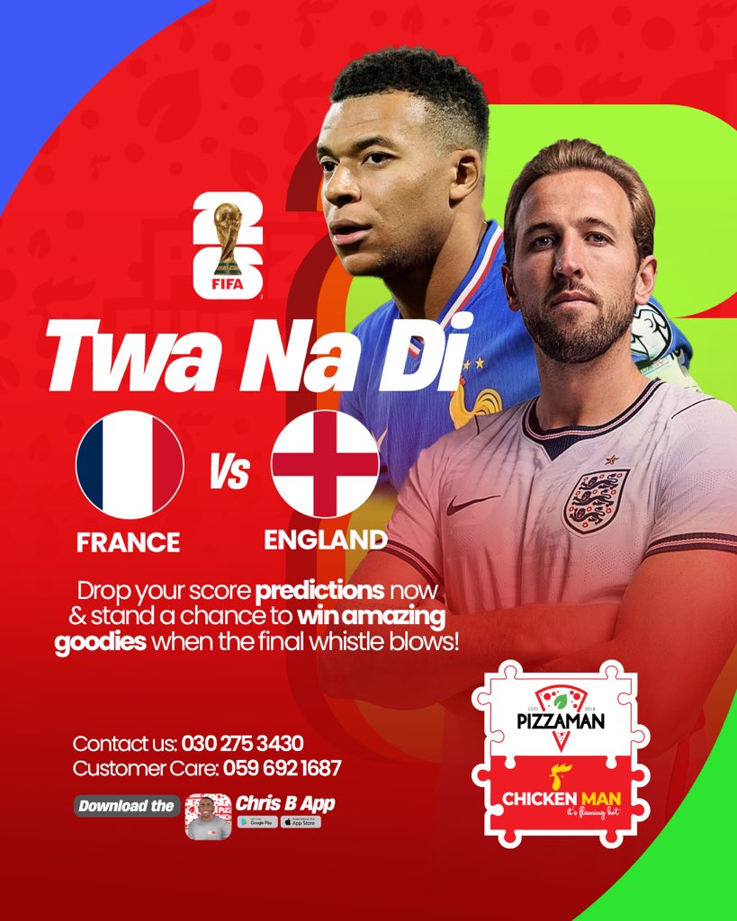 pizzamanghana's tweet photo. World Cup: France Vs England 
Predict the Correct score and win special packages
Use the hashtag #PizzamanTwaNaDi https://t.co/aeuqkpiG1b