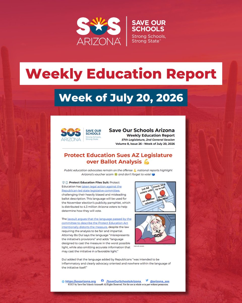 arizona_sos's tweet photo. 💪Protect Education remains on the offense, suing on the deceptive language put forth by Republican lawmakers

🤢National reports highlight AZ’s lack of oversight &amp; safety for the universal ESA voucher program

🗳️Vote in the primary!! SOSAZ endorsements at https://t.co/tBTP2Nf8qx https://t.co/m4qpx6nk2D