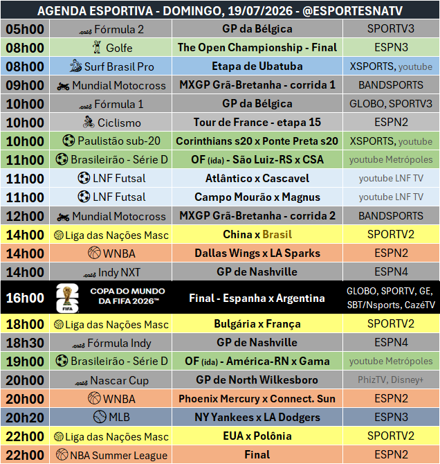 EsportesNaTV's tweet photo. A agenda esportiva deste DOMINGO (19/07/2026) https://t.co/XbcVAmmyf7