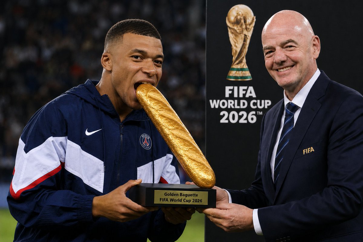 Dom_Reardon's tweet photo. FIFA agree to personalise the golden boot award for Mbappe ahead of tonight's match

#fifaworldcup2026 #mbappe #infantino #goldenboot #worldcup26 #chatgpt

@KMbappe https://t.co/fjTGWahR8L