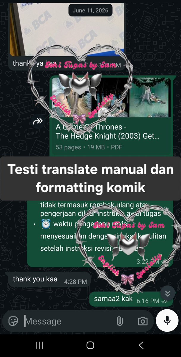 jokitugasbysam's tweet photo. ʚ₍ᐢ.  ‌.ᐢ₎₊𐙚⋆
✅️ Testi translate via web 
✅️ Testi menjawab pertanyaan &amp; resume artikel
✅️ Testi translate artikel manual utk publikasi 
✅️ Testi translate artikel manual
✅️ Testi translate dan formatting komik
#zonauang #jokitugas https://t.co/JjClJmIzzo