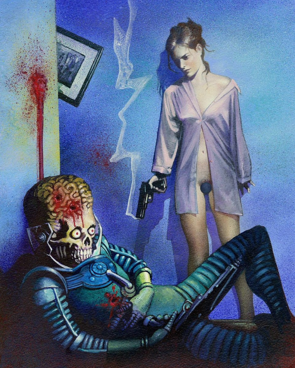 HeavyMetalInk's tweet photo. Paintings by John Bolton featured in the 1994 Mars Attacks Archives Card Set 👽 

1. “Woman Blasts Martian” https://t.co/jPqmZhULiA