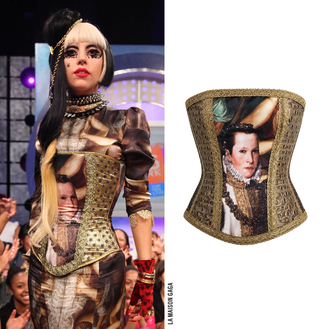 lamaisongaga_'s tweet photo. 'Born This Way' release day! Lady Gaga appeared on BET 106 & Park in printed satin robe-fourreau with Renaissance motives strapless bustier top both from #MayaHansen‘s F/W11 “Queens of Spain” collection. Vintage @LacroixOfficiel cross and @TatehanaStudio "Lady Mary" boots. https://t.co/2j3jPybRzu