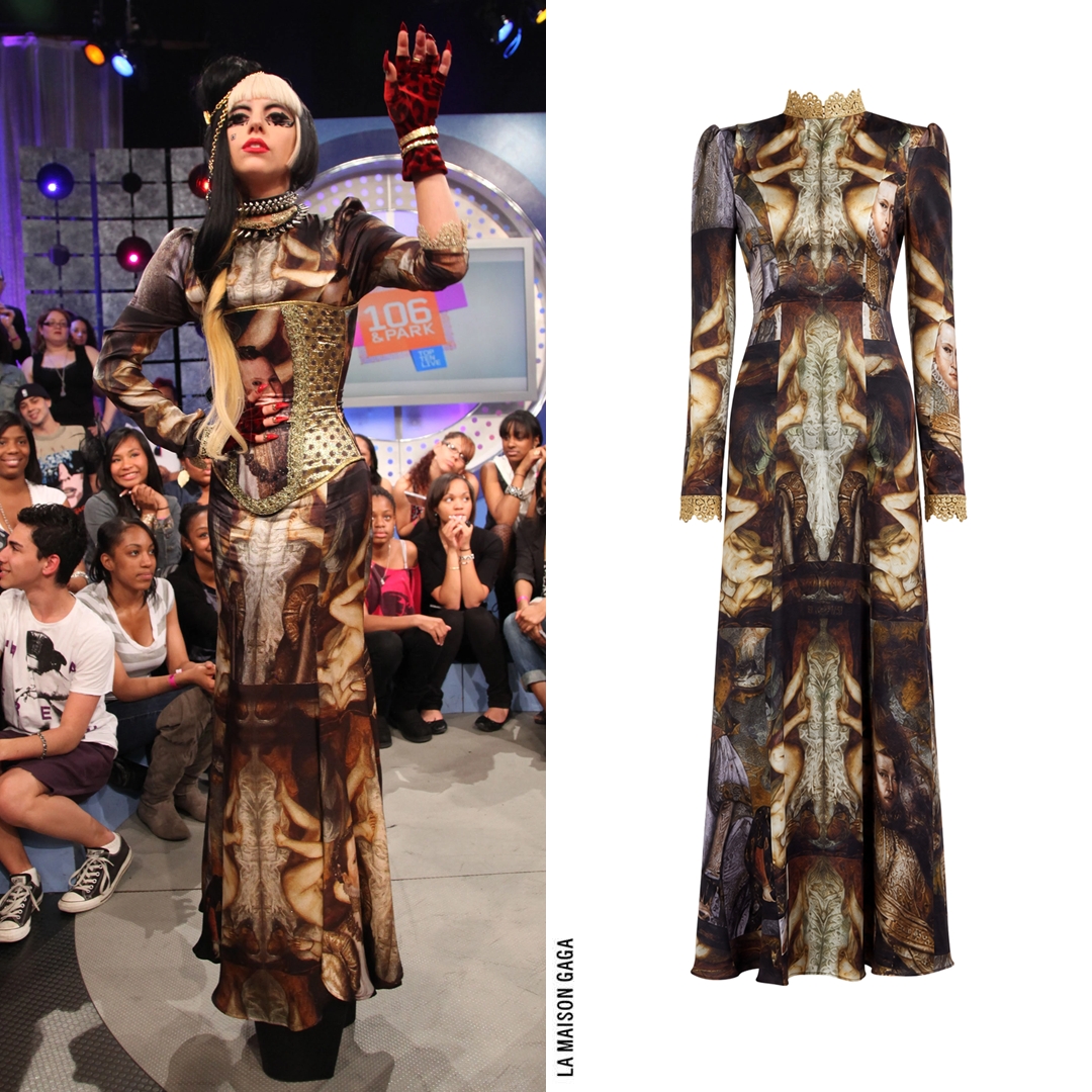 lamaisongaga_'s tweet photo. 'Born This Way' release day! Lady Gaga appeared on BET 106 & Park in printed satin robe-fourreau with Renaissance motives strapless bustier top both from #MayaHansen‘s F/W11 “Queens of Spain” collection. Vintage @LacroixOfficiel cross and @TatehanaStudio "Lady Mary" boots. https://t.co/2j3jPybRzu