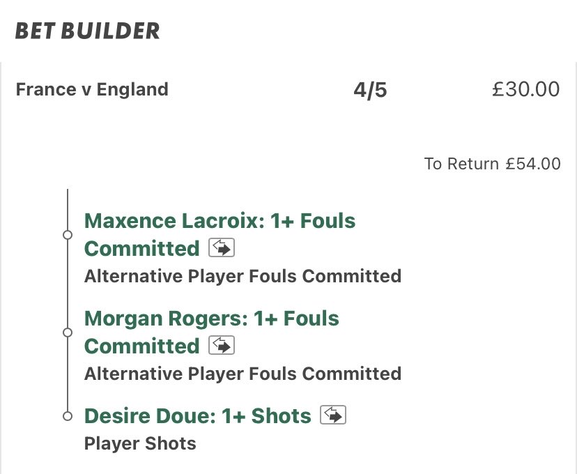 x3m1014's tweet photo. France vs England Bet Builder

Doue Shots (4.99 per 90)
4,4,2,2,5,5,5

Rogers Fouls (2.16 per 90)
2,2,4,2,1,1 (excluding friendlies)

matchup vs rabiot and cherki averaging 1.4 and 1.69 fw/90.

lacroix fouls (2 per 90)
2,2
only 2 starts for country

2 fouls last game in 60 mins vs spain, also averaging 1.65 fouls per 90 for club. direct matchup vs toney averaging 1.05 fw/90 for club.
