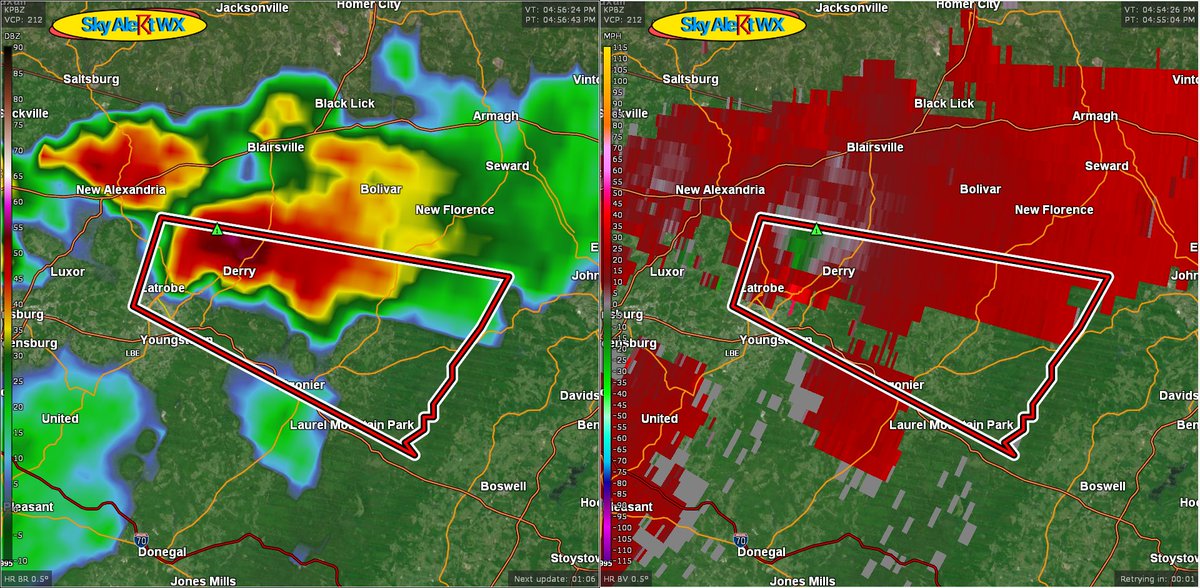 SkyAlertWX's tweet photo. At 455 PM EDT, a severe thunderstorm capable of producing a #tornado
  was located over McChesneytown-Loyalhanna, or over Latrobe, moving
  east at 25 mph.#pawx

  SOURCE...Radar indicated rotation. https://t.co/3J7BHrzIgV