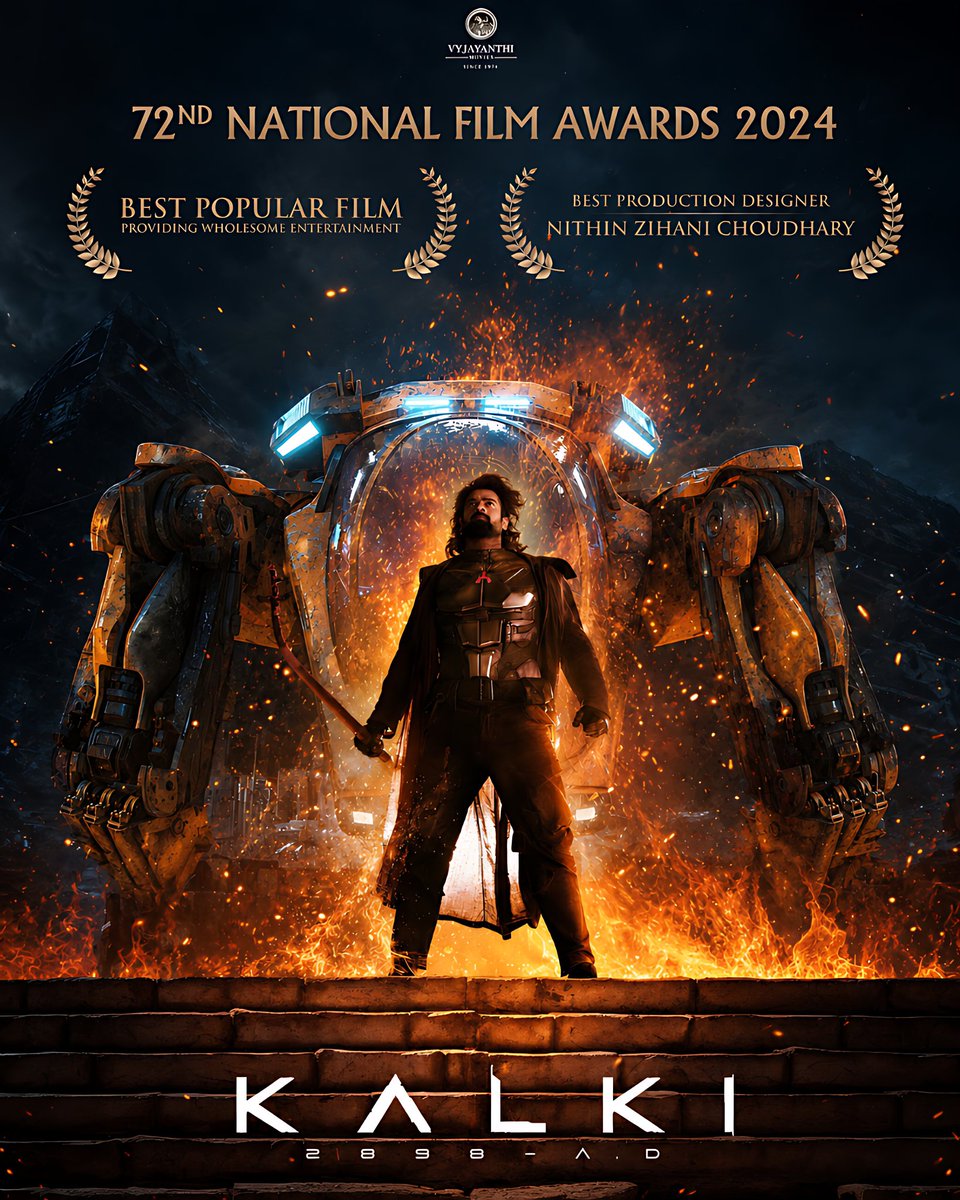 tilubadmosh12's tweet photo. KALKI 2898 AD WINS BIG AT THE 72ND NATIONAL FILM AWARDS! 🏆🔥
Nag Ashwin's sci-fi epic bags Best Popular Film + Best Production Design 👏 Vyjayanthi Movies says thank you & promises #Kalki2 will be worth the wait ⏳✨
#Kalki2898AD #NationalFilmAwards https://t.co/rHUgklraol