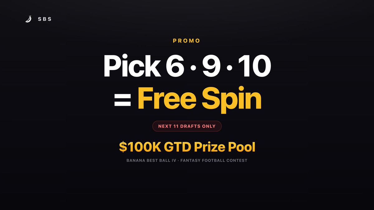 SBSFantasy's tweet photo. PROMO

Pick 6 9 10 get a Free Spin for the next 11 Drafts! 

Free Spin = Can win up to 20 Free Drafts 

$100K GTD Prize Pool for our Fantasy Football Beet ball Contest https://t.co/CsgGCwHBa6