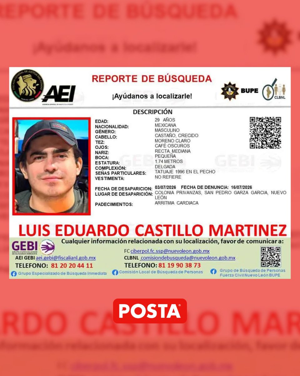 postamx's tweet photo. 🚨¿Lo has visto? 🚨
Luis Eduardo Castillo Martínez se encuentra desaparecido, visto por última vez el 03 de julio en San Pedro

https://t.co/A0cjnBfq6B https://t.co/xgk4Jdk5gO