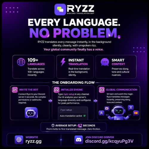 Ryzzofficial34's tweet photo. 🌍 Every language. No problem.

RYZZ translates Discord messages instantly across 109+ languages while preserving tone and context.

⚡ AI Translation
🤫 Silent Background
🚀 Setup in 47 seconds

🌐 https://t.co/prPIHYgOXt
💬 https://t.co/5rghYnxluO

#RYZZ #Discord #AI https://t.co/73CFwRwkHg