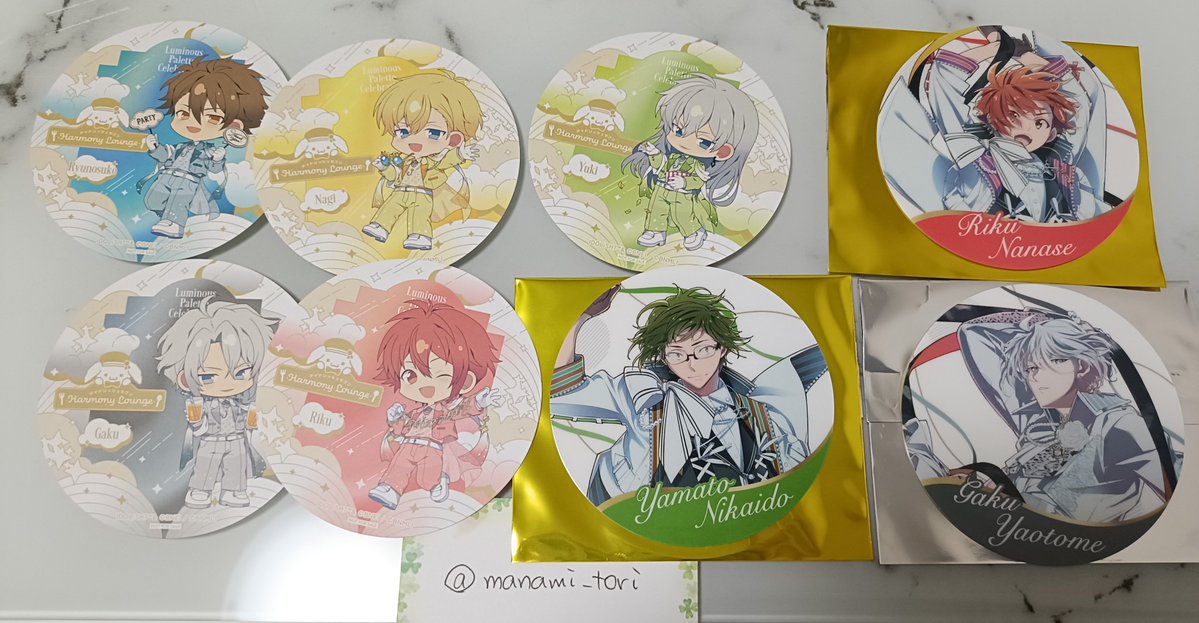 manami_tori's tweet photo. 【交換】アイナナ コースター

【譲】
①JOYSOUND：楽、大和、陸
②アニカフェ：ナギ、陸、楽、龍之介、千

【求】
①天、壮五＞環
②一織、百＞三月、トウマ＞天

同種同グループ同士の交換のみ
MEZZOは身内分

ジョイサウンド含む場合7/19(日)お昼頃に新宿池袋や、別日都内手渡し相談可
基本郵送希望 https://t.co/daaPq1KK3x