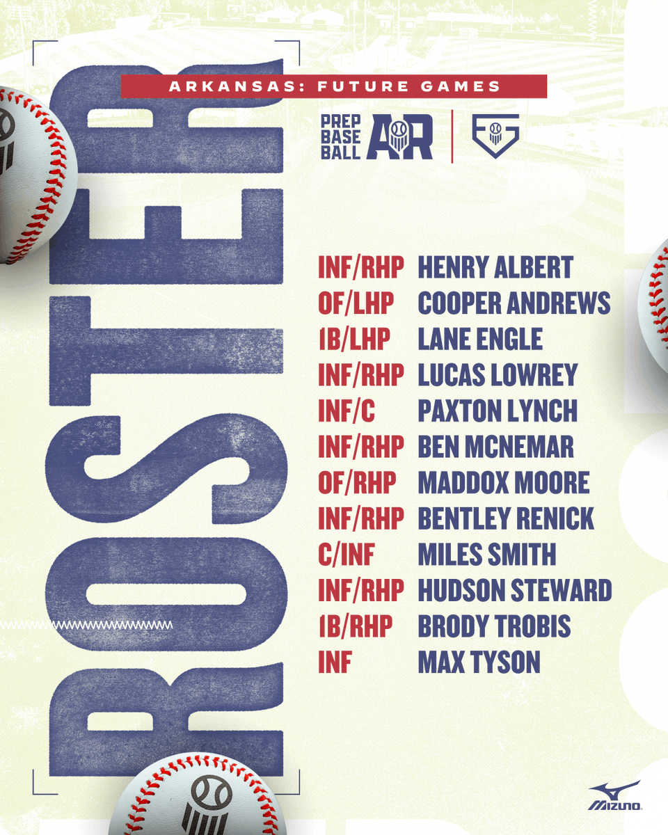 PrepBaseballAR's tweet photo. 𝙏𝙚𝙖𝙢 𝘼𝙧𝙠𝙖𝙣𝙨𝙖𝙨 - 𝙅𝙪𝙣𝙞𝙤𝙧 𝙁𝙪𝙩𝙪𝙧𝙚 𝙂𝙖𝙢𝙚𝙨

The 2026 Team Arkansas Junior Future Games Roster is officially set! 

Check out the group of rising talent ready to represent the Natural State at #PBJFG26 👇 https://t.co/eV9fyvtvec