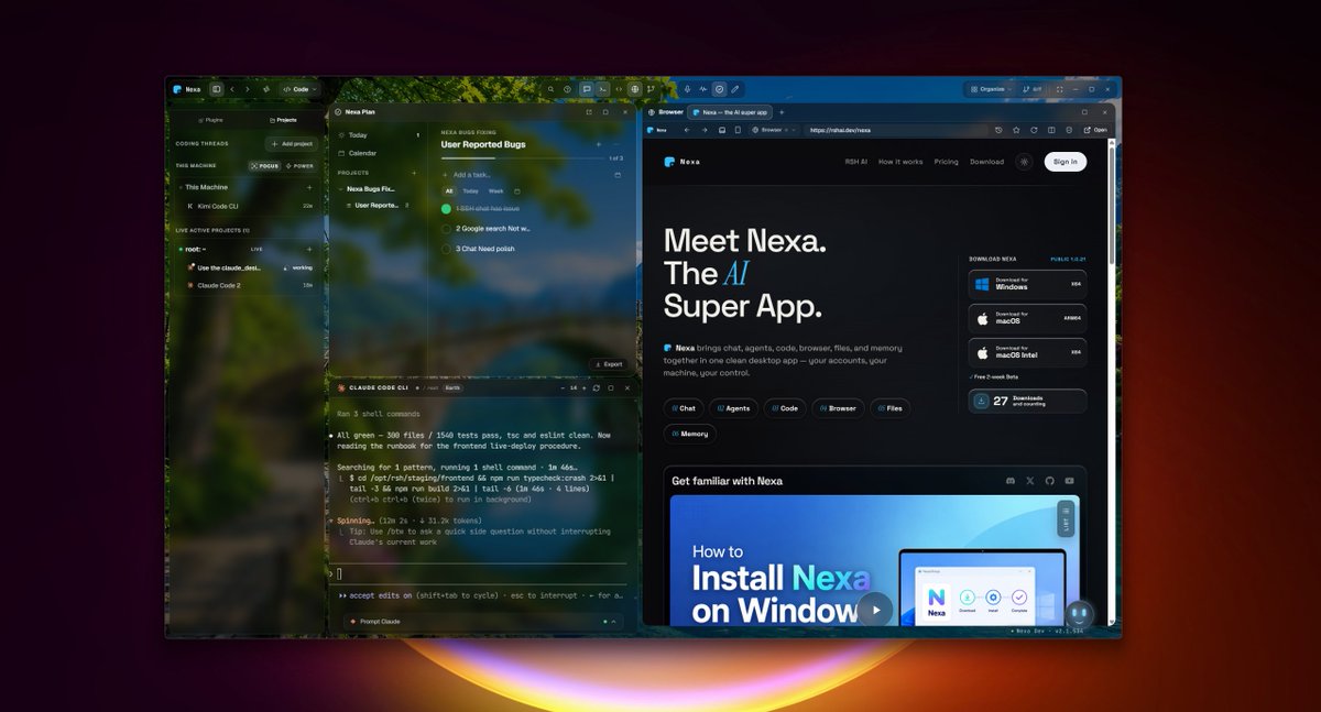 RezaNexa's tweet photo. Here’s the new update and look of Nexa — the AI super app I’ve been building for 6+ months.

How is it looking guys?

Clean customizable workspace

Custom CLI with native screenshot + file upload support

Nexa Plan to help you and your agents track daily plans, tasks, and progress

Built-in advanced browser, with visual control for agents when needed

And a lot more inside Nexa.

Feedback is always welcome ❤️
