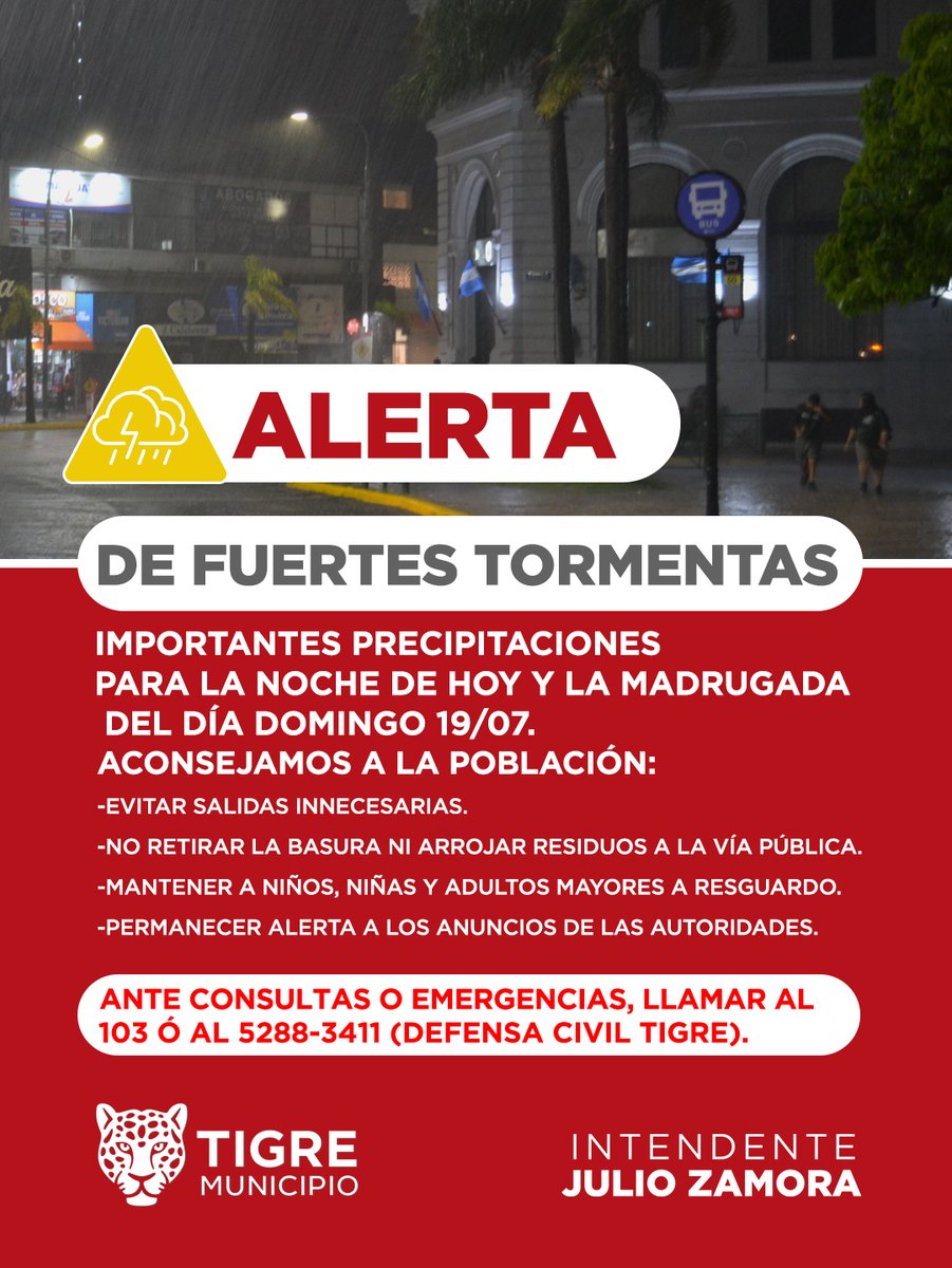 AlertaTigre's tweet photo. Servicio Meteorológico Nacional Informa: ALERTA AMARILLA POR TORMENTAS en @MunicipioTigre
Emergencias:
☎️ 103
☎️ 5288-3411
#DCTigre #COT https://t.co/Fupkry3fcr