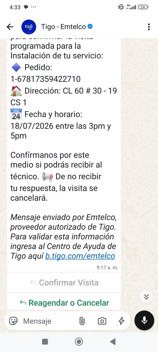 AndresReynaELT's tweet photo. Que arbitrario confirmo visita y el instalador por ser sábado en la tarde la cancela cuando la programe @sicsuper
@Tigo_Colombia https://t.co/rkFkDeEY4N