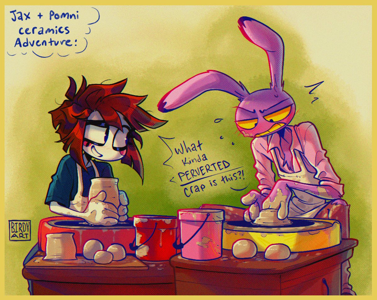 xBirdyArtzxx's tweet photo. Jax and Pomni go on a ceramics adventure 😝 I’m taking ceramics in college atm, and I’ve been wanting to draw these goobers trying it out for a bit now lol

#funnybunny #jax #pomni #jaxandpomni #theamazingdigitalcircus #digitalcircus #tadc #fanart #art #artist #sketches https://t.co/VAQMYqO70H