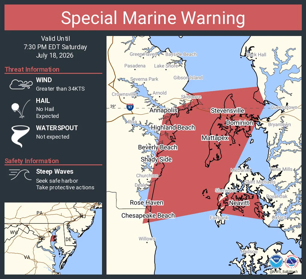 This graphic displays a special marine warning plotted on a map. The warning is in effect until 7:30 PM EDT. The warning includes Chesapeake Bay from North Beach to Drum Point MD, Chesapeake Bay from Pooles Island to Sandy Point MD, Chesapeake Bay from Sandy Point to North Beach MD and Choptank River to Cambridge MD and the Little Choptank River. The threats associated with this warning are wind gusts greater than 34kts and no hail expected.Waterspouts are not expected. Steep waves can be expected. Seek safe harbor and take protective actions.