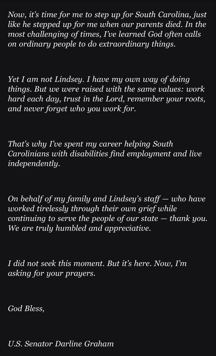 AndrewDesiderio's tweet photo. NEW: Sen. Darline Graham (R-S.C.) releases letter to South Carolinians — but does not say whether she will run for her late brother’s seat, as Trump is pushing her to do.

She mostly pays tribute to Lindsey, who she says was “my rock and my hero” https://t.co/7239P8BShp