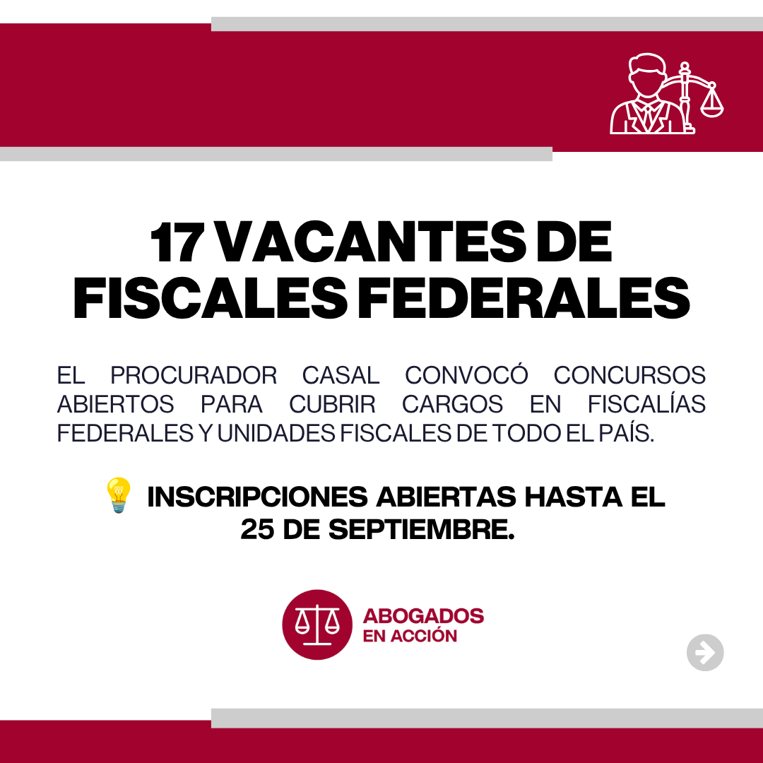 AbogadosEA's tweet photo. 📢 ¡Atención abogados!

El Procurador Casal convocó 17 vacantes para fiscales federales en todo el país. Una oportunidad única para formar parte de la Justicia Federal y ampliar tu experiencia profesional.

Revisá los requisitos, fechas y provincias involucradas en nuestras placas y no pierdas la oportunidad de postularte.

Participar te permite fortalecer tu carrera y sumarte al servicio de la Justicia.