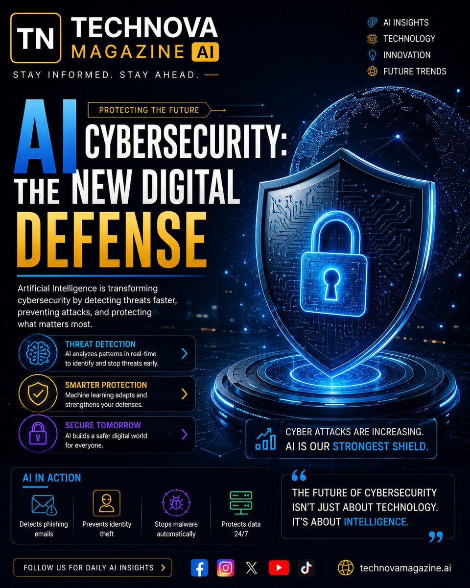 TechnoVaMai5's tweet photo. 🚨 Cyber attacks are increasing.

🤖 AI is becoming our smartest defense.

Would you trust AI to protect your digital life?

#AI #CyberSecurity #Technology #Innovation #TechnovaMagazineAI https://t.co/beHEqiaoQz