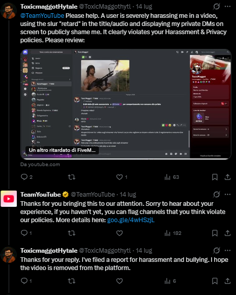 ToxicMaggothytl's tweet photo. @TeamYouTube
I'm disappointed. It's July 16, and this reported harassment video is still online.  It uses the slur "retard" and exposes my private DMs without consent. Please review this case under YouTube's Harassment &amp; Privacy policies and take action.

https://t.co/xdCCb1AoTY https://t.co/HkKhFcYBlZ