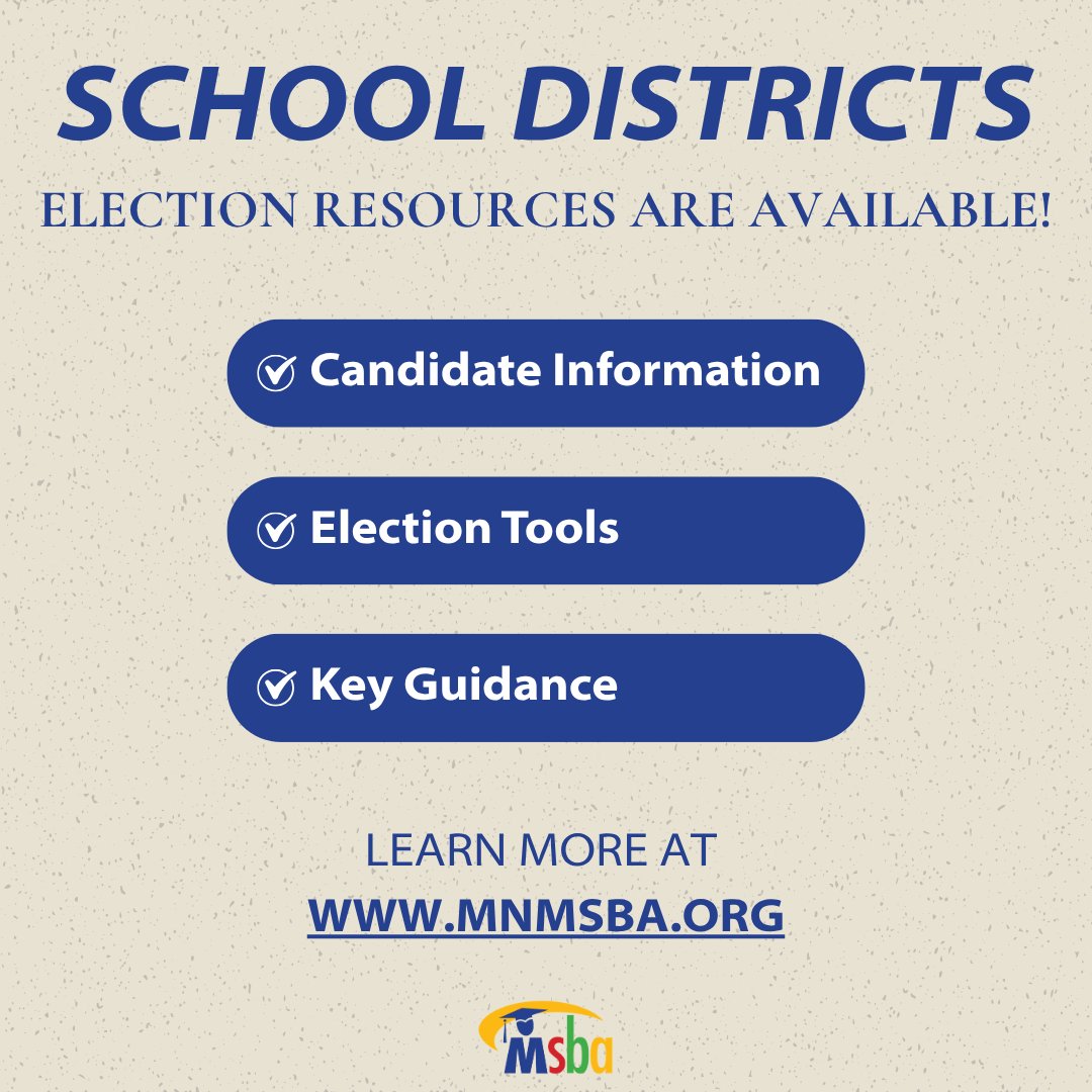 mnmsba's tweet photo. School districts play an important role in supporting fair and informed elections. MSBA offers tools and guidance to help districts share accurate information with candidates and communities.
Districts, visit https://t.co/LjC37wYD8c and find resources under the “Resource Library” tab.
#MSBA #MNSchoolBoardElection #MNSchoolBoards