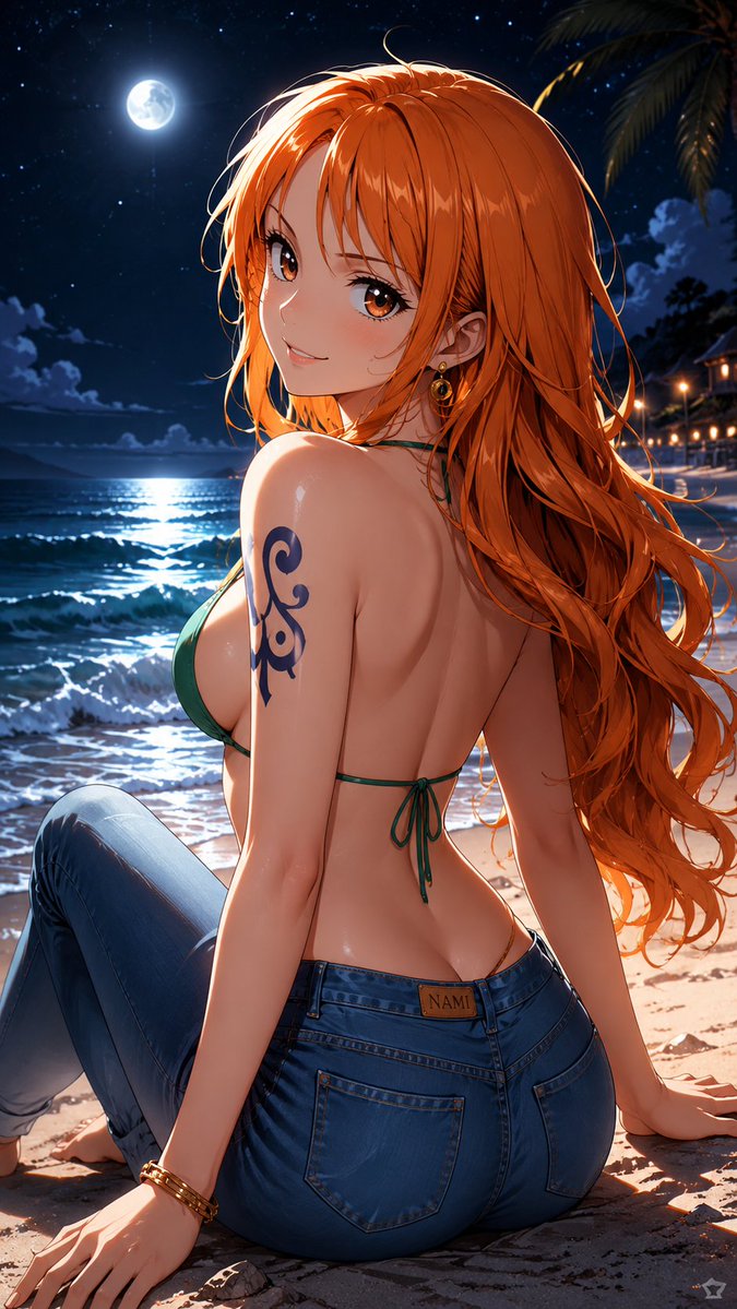 WaifuAI_Studio's tweet photo. Nami embraces the quiet magic of a tropical night, with salty ocean air, gentle waves, and moonlight shimmering across the sea. Balancing adventure and summer elegance, she shows her relaxed and radiant side in this beautiful moment. 🌙🌊✨ https://t.co/xYX7ymwrZv