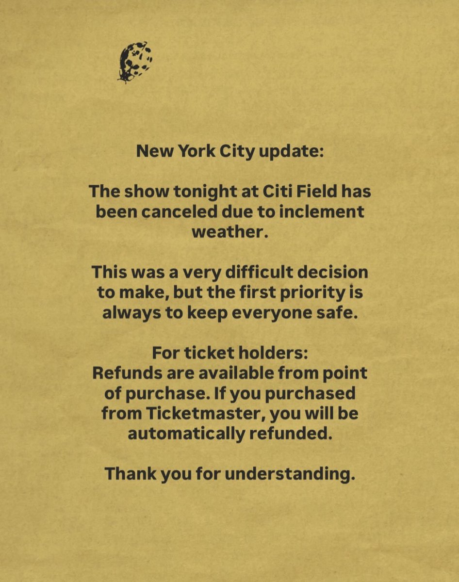 CitiField's tweet photo. The show tonight at Citi Field has been canceled due to inclement weather.

From @KahanHQ ⬇️ https://t.co/NX3Bacnvtf