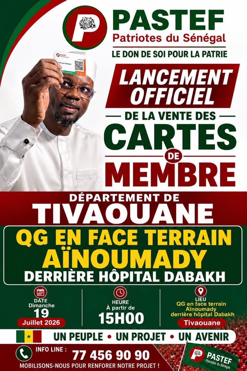 ABDUUUFAAAAL's tweet photo. 🛑Changement de lieu !

Rendez-vous au QG de PASTEF Tivaouane, derrière l'Hôpital Mame Abdou Aziz Sy Dabakh, pour l'achat de votre carte de membre PASTEF.

PASTEF est un état d'esprit et on arrête pas la mer avec ses bras ! https://t.co/voFFv0vVKf