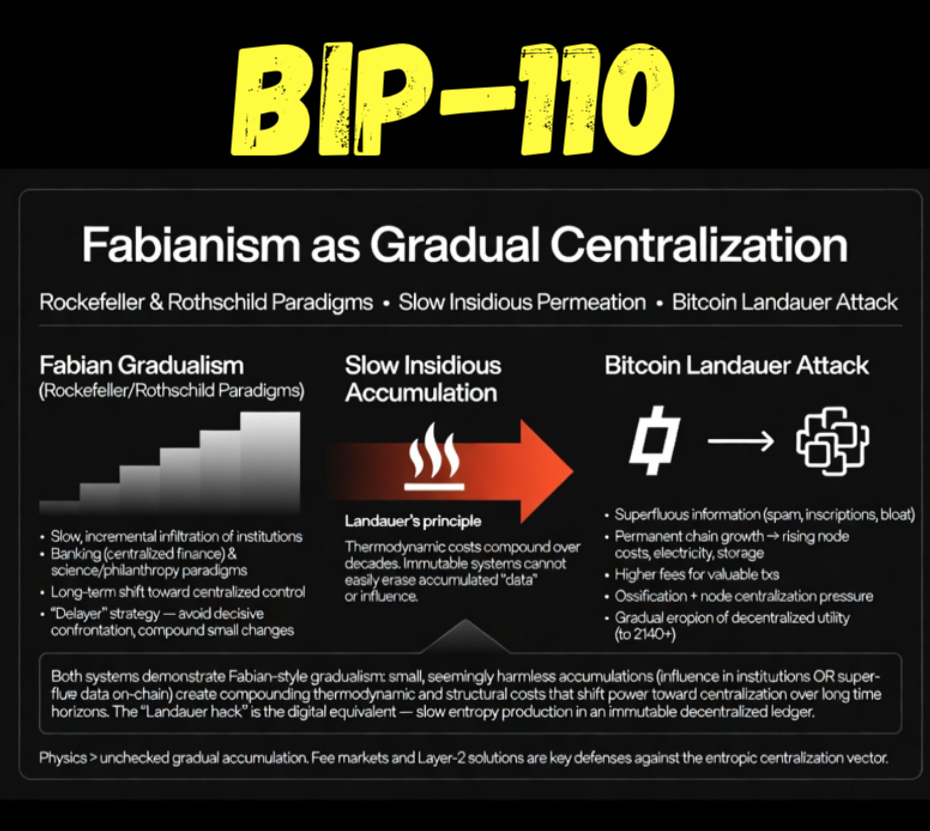 DrJackKruse's tweet photo. Deconstructing the "Fabian Centralization" Model

The framework presented in my Prague talk connected several distinct concepts into a singular thesis:Fabian Gradualism: Named after the Fabian Society, this political strategy rejects sudden revolution in favor of slow, institutional infiltration. In the context of Bitcoin, critics use this term to describe how the core architecture was altered through incremental software patches (like SegWit) rather than explicit, radical changes to the code's consensus rules.

The "Landauer Attack" Model: Landauer’s principle is a law of physics stating that erasing or changing one bit of digital information always dissipates a minimum amount of heat (energy). The censored slides applied this to blockchain data: by allowing data bloat (like inscriptions, witness data, or arbitrary code) to occupy space on-chain permanently, it forces a compounding, irreversible real-world cost on infrastructure.

The Centralization Trap of Saylor & Back non support of BIP-110: As the physical, thermodynamic cost of storing and processing this data compounds over decades, puts CSAM on the node making the node runner discoverable to Palantir surveillance tech, subjecting the node runner to jail and civil forfetiture of their Bitcoin, and as a result running an independent Bitcoin node becomes too expensive for ordinary individuals. This gradually forces the ledger into the hands of specialized, institutional AI data centers. (Demoirs/Silbert)
