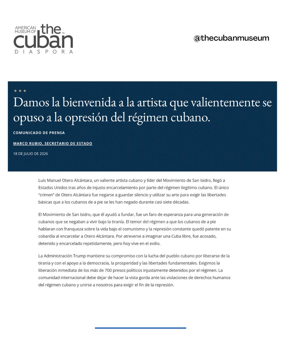 thecubanmuseum's tweet photo. El fundador del Movimiento San Isidro y una de las voces más emblemáticas del arte disidente cubano aterriza este 18 de julio en Estados Unidos tras años de prisión por desafiar pacíficamente al régimen con su obra y su defensa de la libertad.

En un comunicado, el secretario de Estado, Marco Rubio (@secrubio), afirmó que Otero Alcántara fue encarcelado injustamente por "negarse a guardar silencio" y reiteró el compromiso de la Administración Trump con la libertad del pueblo cubano y la liberación de los más de 700 presos políticos que permanecen en las cárceles del régimen.

Según informó su página oficial, Luis Manuel viaja en el vuelo AA2706 de American Airlines y será recibido esta tarde, a las 6:30 p.m., en la Ermita de la Caridad de Miami, donde realizará un performance.

Su llegada representa mucho más que el fin de un encarcelamiento: es el reencuentro de una voz de resistencia con la libertad y un nuevo capítulo en la lucha por una Cuba libre.

#TheCubanMuseum #LuisManuelOtero #Cuba #SOSCuba #FreeCuba