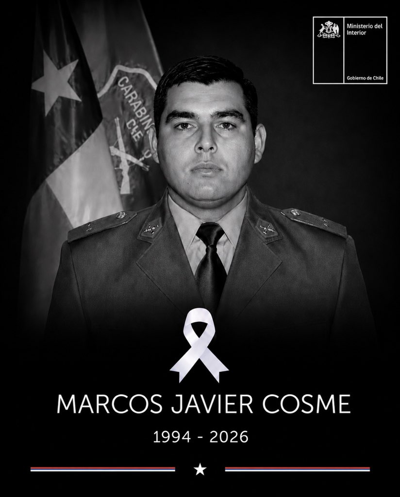min_interior's tweet photo. El Gobierno de Chile, a través del Ministerio del Interior, ha decretado Duelo Nacional durante los días 18, 19 y 20 de julio de 2026, en honor al cabo primero de Carabineros, Marco Javier Cosme Barquero, quien falleció en acto de servicio. Enviamos nuestras más sentidas condolencias a su familia, seres queridos y a toda la institución de Carabineros de Chile 🇨🇱